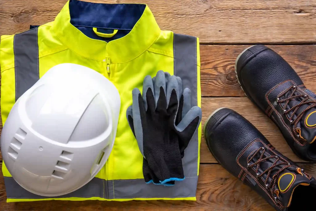 Conjunto de equipamentos de segurança com capacete branco, luvas cinza, colete de alta visibilidade amarelo e preto, e botas de proteção em madeira.